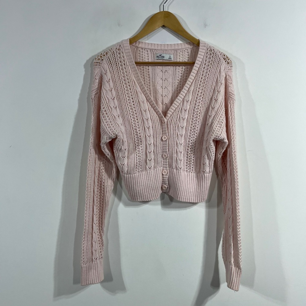 Hollister Y2K Preppy Coastal Old Money Pointelle Cable Knit Cardigan Women Small